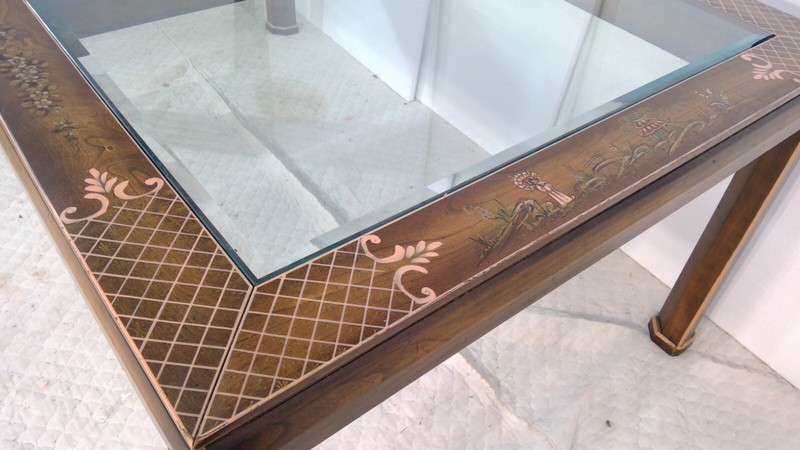 Mid Century Asian Dining Table 102" long Glass paneled top hand painted gallery