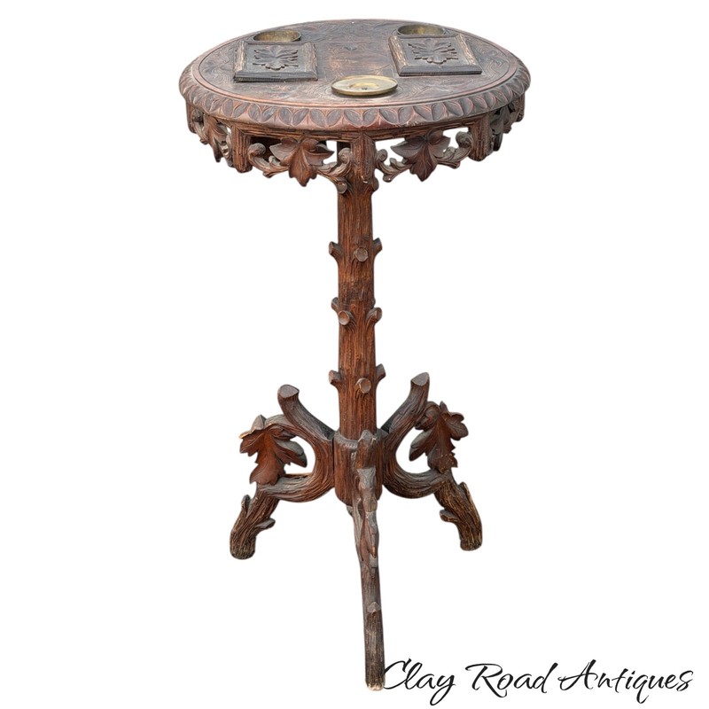 Antique carved Black Forest pedestal stand smoking table victorian carved walnut