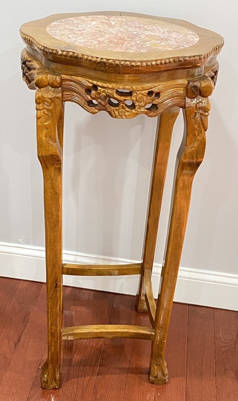 VINTAGE Large Chinese Finely Carved Wood& Marble, Round Pedestal Stand Table 36" gallery