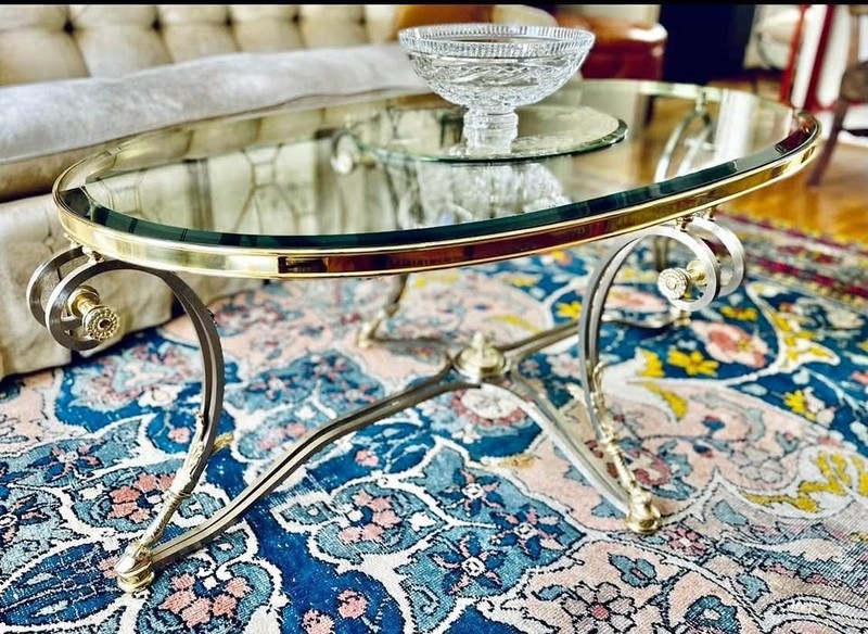 Labarge Steel And Brass Hollywood Regency Jansen Style Glass Top Coffee Table