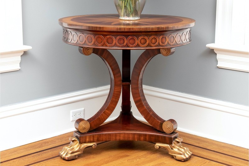 Maitland Smith Compass Inlaid Hand Carved Mahogany Occasional Pedestal Table