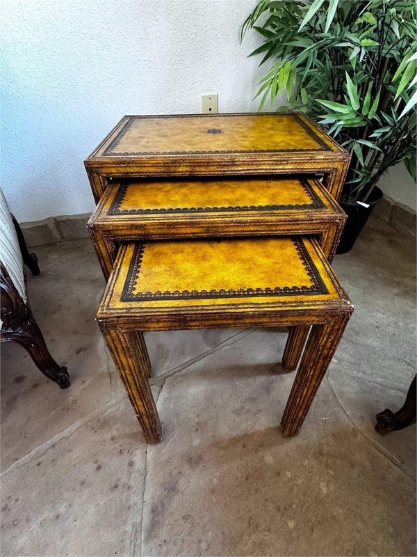 MAITLAND SMITH Set Of 3 Stack Hand Tooled Leather Surface Nesting Tables 22” T