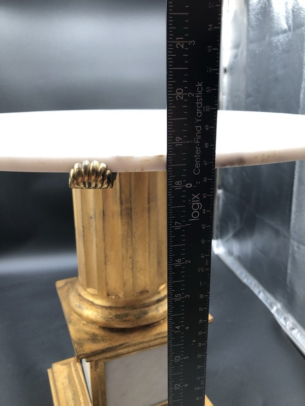 Palladio Antique Italian Side Table Round Faux Marble Top Gilt Metal Column 30s gallery