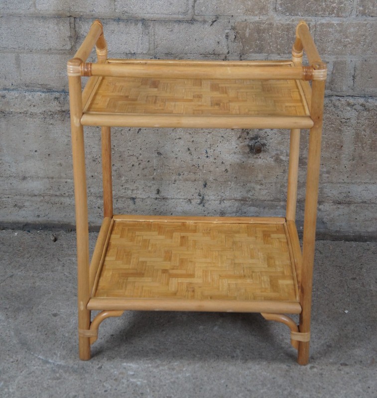 Vintage Bohemian Bamboo & Woven Rattan Etagere Side Table Plant Stand Boho Chic gallery