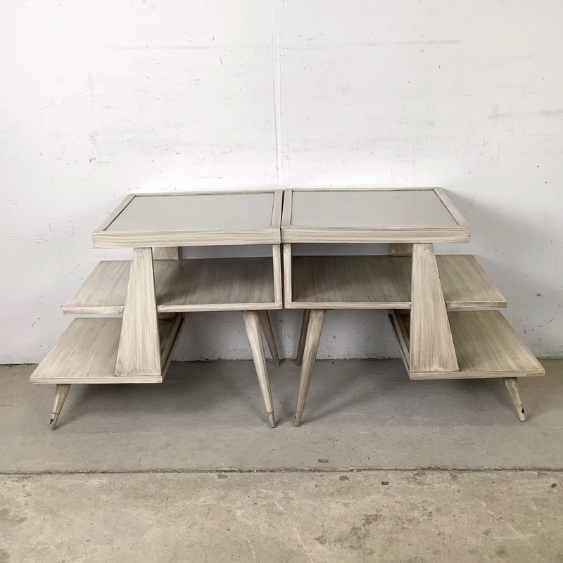 Pair Vintage American Three-Tier Step End Tables Cerused Finish gallery