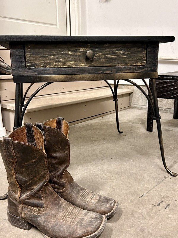 Refurbished Antique Side Table With Drawer And Cast Iron Legs