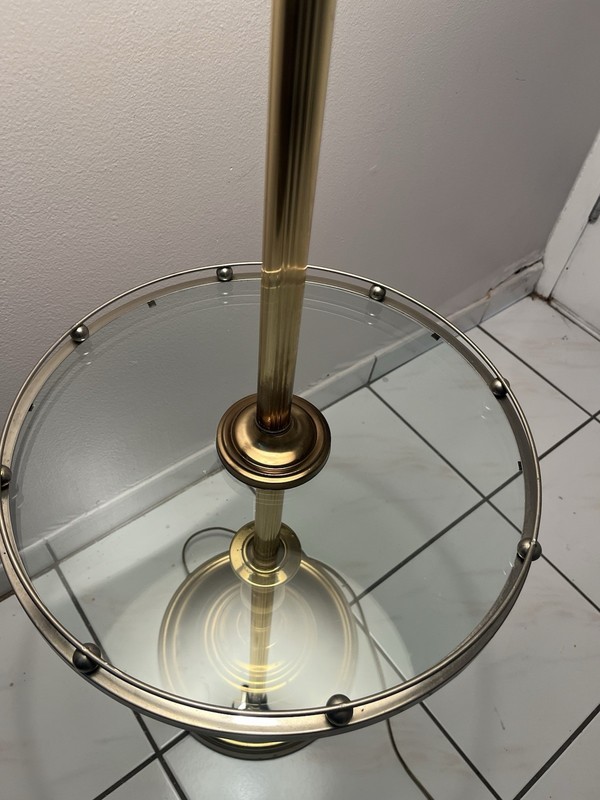 Gold Traditional Floor Lamp with Glass Table and Beige Bell Shade gallery