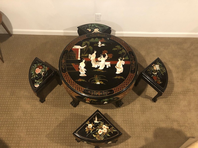 Vintage Chinoiserie Coffee Table W/Tuck Chairs, Mother Of Pearl, Birds & Flo