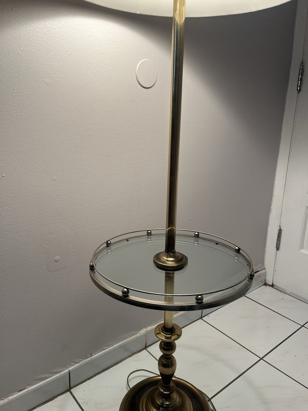 Gold Traditional Floor Lamp with Glass Table and Beige Bell Shade gallery