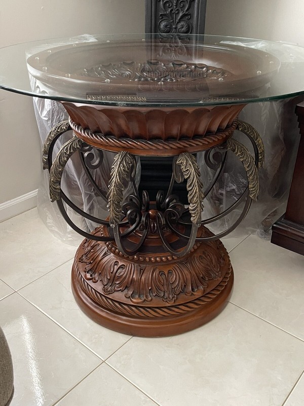 VINTAGE TABLE ROUND CARVED FLOWERS IRIS ORNATE IRON BRASS UNIQUE RATE HEAVY LARG gallery
