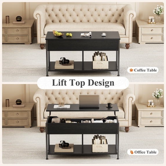 Lift Top Coffee Table 39" Farmhouse Wood Center Table Storage Black FS gallery