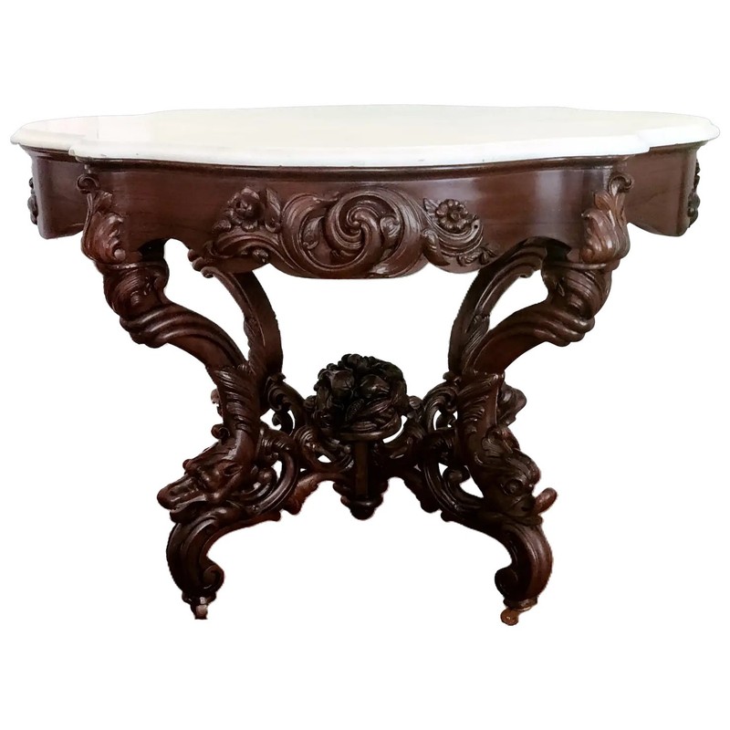 Center TABLE, John Henry Belter, NYC, Rosalie, 4-Animals, Rosewood, Marble, 42"L