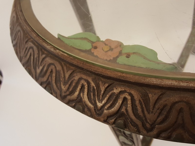 Vintage 30s 40s steel low round table art deco floral / vine accents 18.5" tall gallery