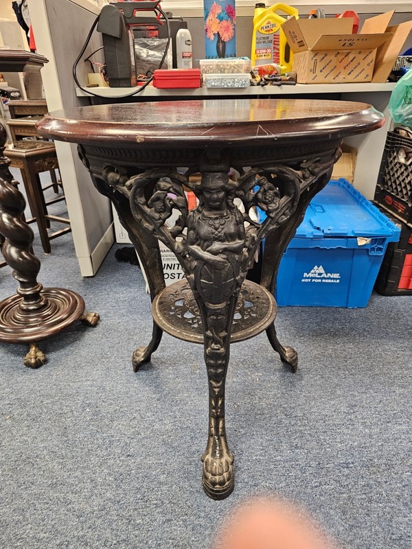 Victorian Britannia Cast Iron Bistro Pub Table w/ Solid Mahogany Top Antique