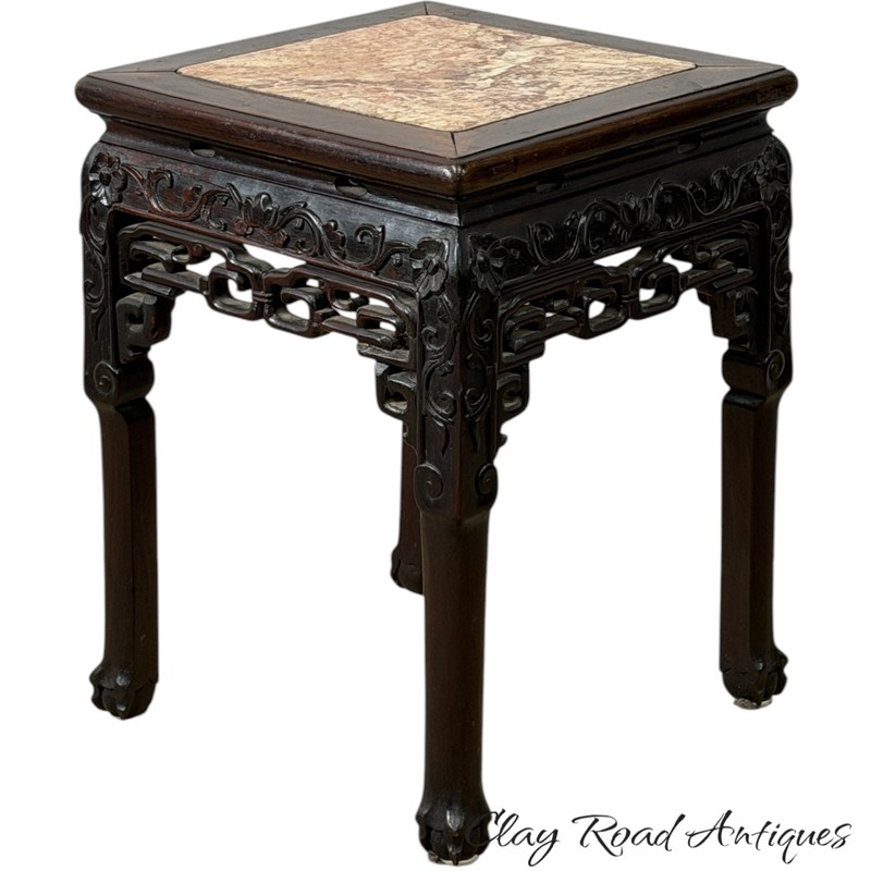 Antique Chinese rosewood victorian rose marble top plant stand pedestal ornate gallery