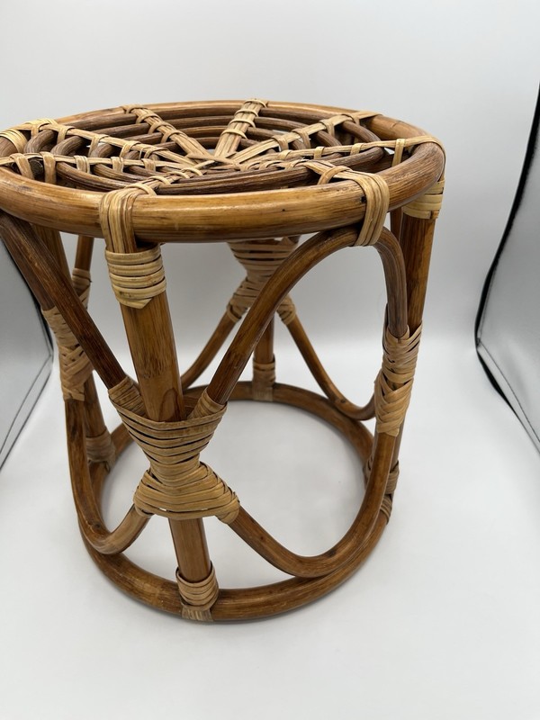 Vintage MCM Boho Chic Bamboo Rattan Round Table Stool Coastal Tiki Plant Stand gallery
