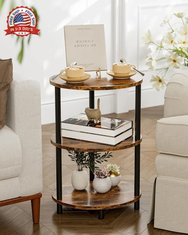Round Small Side Table - 3 Tier Oval Accent Table for Small Spaces, Rustic Wood gallery
