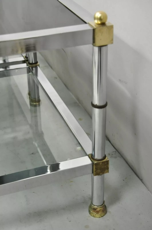 Hollywood Regency Maison Jansen Style Chrome & Brass Square End Tables - a Pair gallery