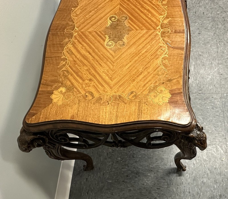 Antique French Figural Carved Walnut Satinwood Marquetry Inlay Low Table C1900 gallery