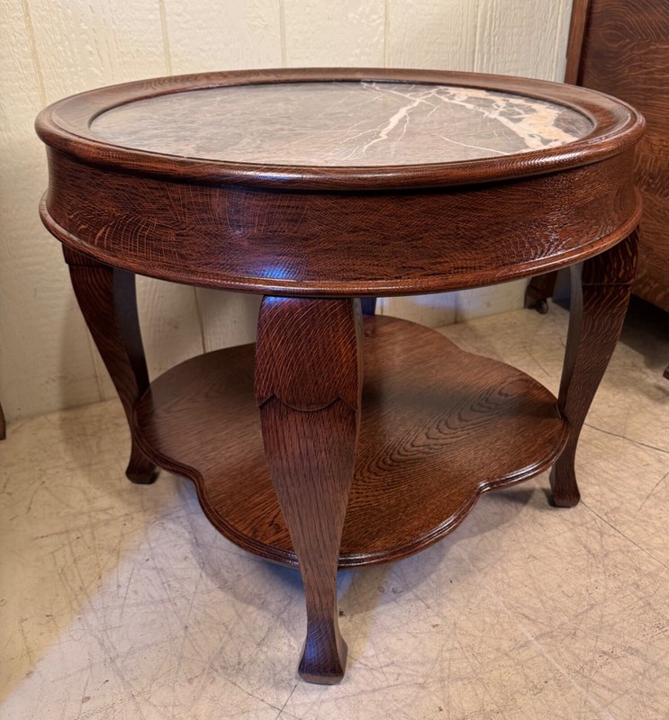 Antique Oak Low Round Lamp Table with Marble Insert gallery