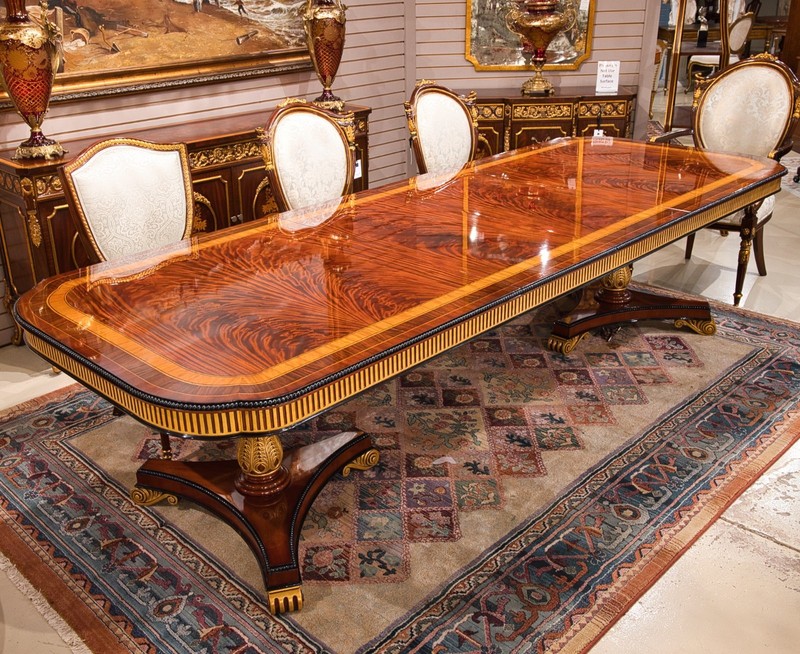 10′ Heavy traditional flamed mahogany 2 pedestal formal dining table gold accent