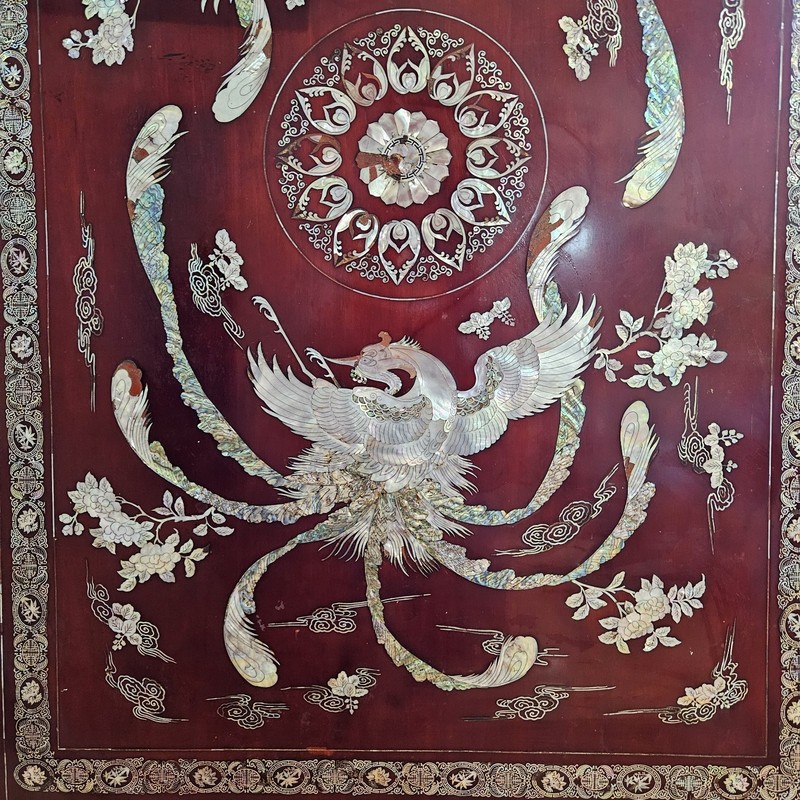 Vintage 1950s Asian Korean Mother of Pearl Inlaid 2 Phoenixes Red Lacquer Table gallery