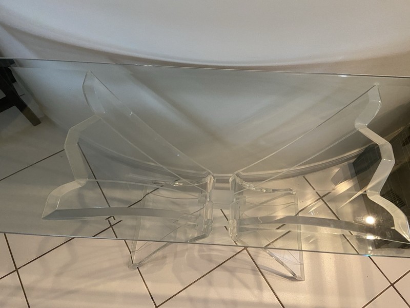Mid Century Lucite X Base Console Table Beveled Glass Top Modern 56” gallery