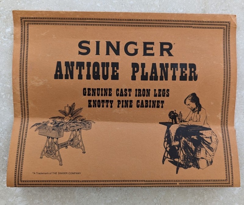 SINGER Antique Planter - Unique & Rare! - Cast Iron Legs & Knotty Pine Cabinet gallery