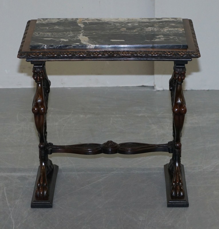 ITALAIN CIRCA 1840 ORNATELY HAND CARVED OAK SIDE TABLE WITH SOLID MARBLE TOP gallery