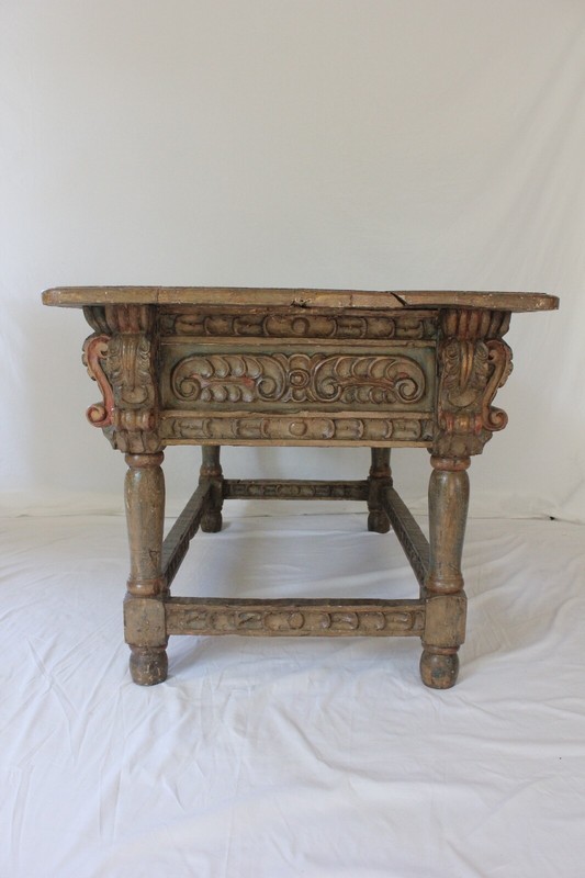 Polychrome Carved Spanish Baroque / Colonial Oak Refectory Table Circa (AF1-371) gallery