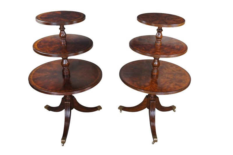 Pair Maitland Smith Regency Flame Mahogany Large Tiered Dumbwaiter Side Tables