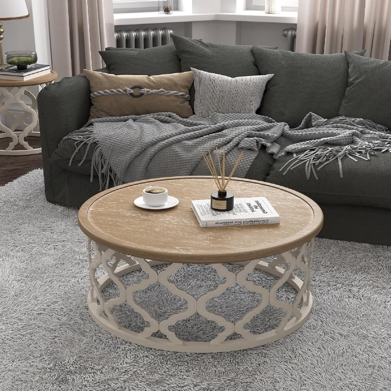 VONLUCE 30” Farmhouse Round Coffee Table, Beige – Used