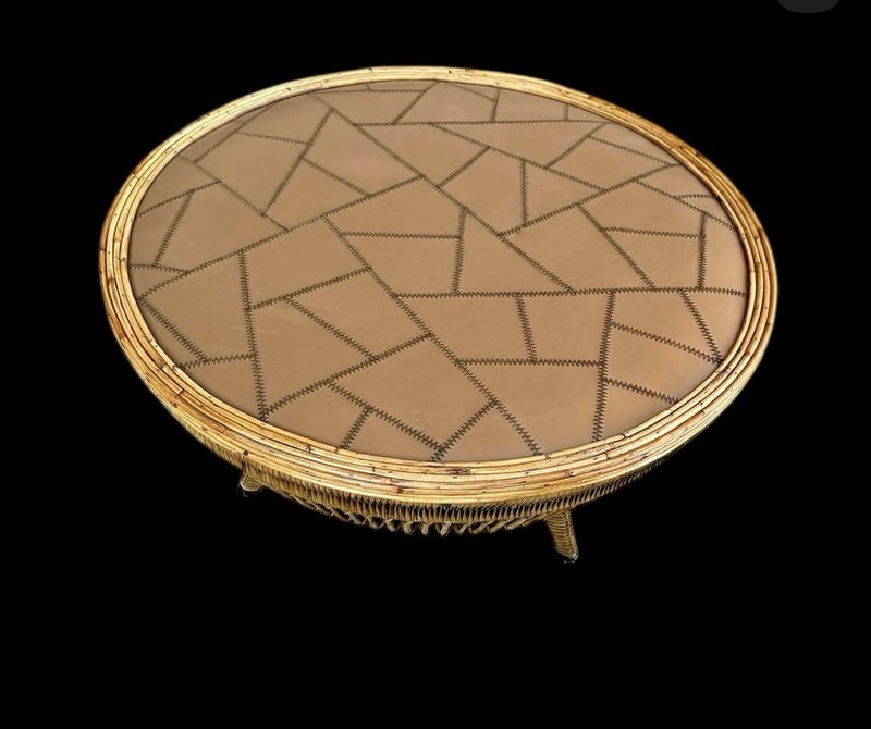 Mid Century Modern 1960s Drum Form Bamboo Leather Top Coffee Cocktail Table Vtg gallery
