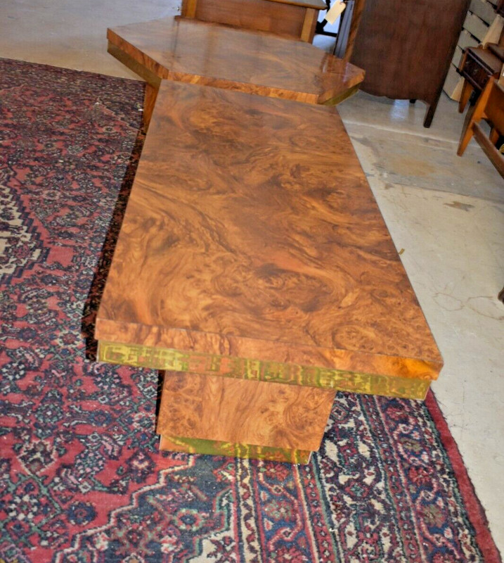 Mid Century Milo Baughman Burled Walnut, Brass Coffee Table Set, Hexagon Table gallery