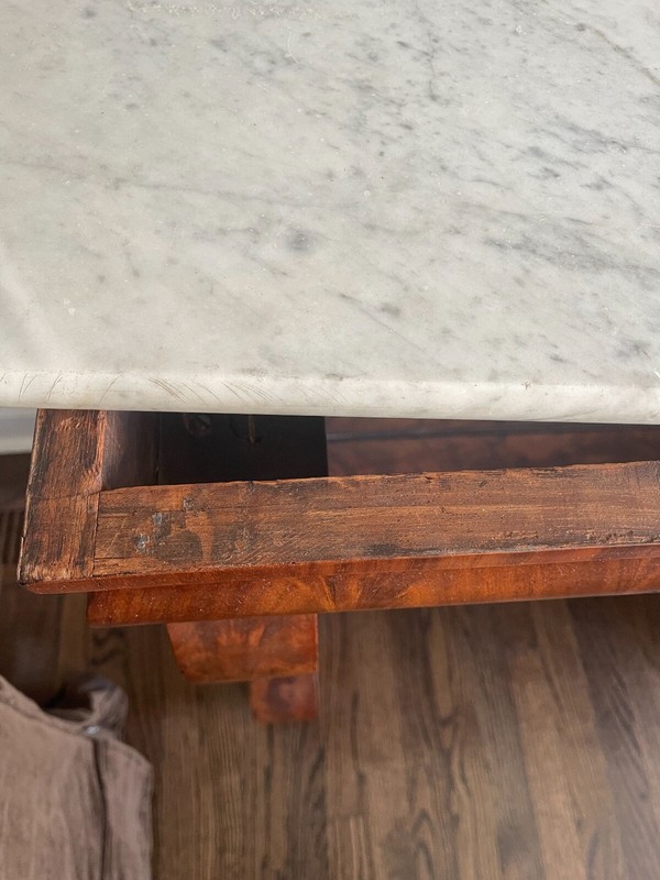 Antique Empire, flame mahogany, mirror back, marble topped hall table. EUC. gallery