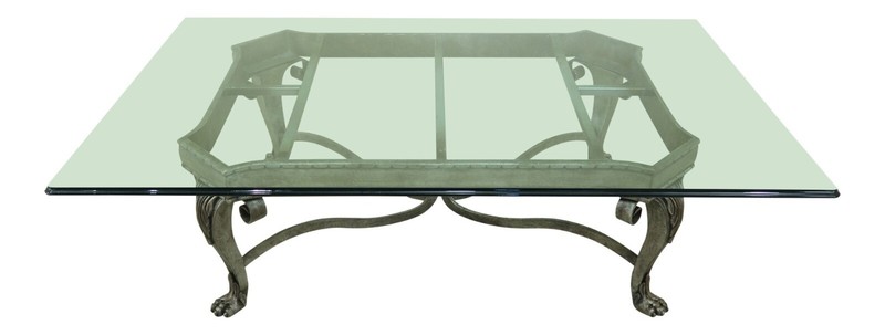 F51062EC: Large Glass Top Metal Base Coffee Table w. Paw Feet