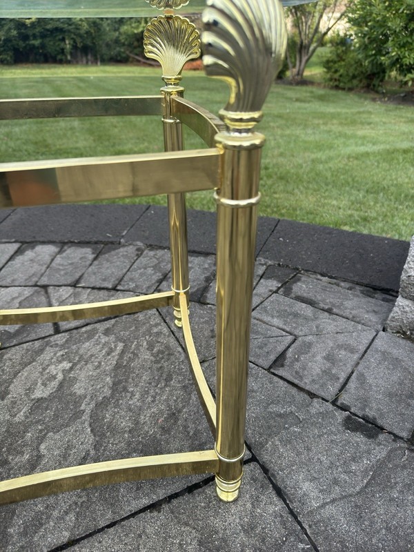 MCM Gold Lacquered Brass Shell Scallops End Table W/ Glass Top Coastal Regency gallery
