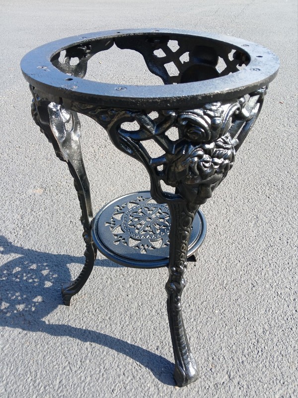 English Victorian Cast Iron Pub Table w/ Cherubs + Round Marble Top w/ 2 Chairs gallery