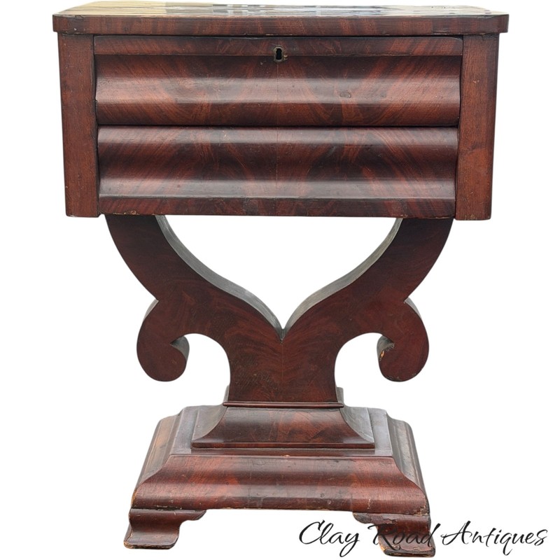 Antique empire table end stand flame mahogany 1840 2 drawer work sewing gallery