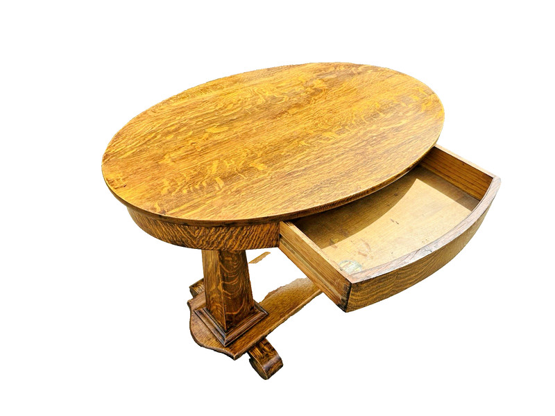 Beautiful Antique Quartersawn Tiger Oak Wood Oval Library Desk Pedestal Table gallery