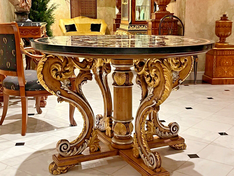 Francesco Molon Round Table With Italian Hand-carved Marble Top and Base gallery