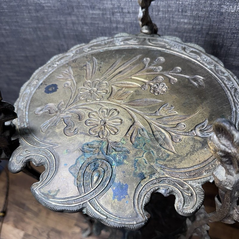 ANTIQUE ART NOUVEAU 2-TIER FLORAL ORNATE CAST BRASS PLANT STAND TABLE 28" gallery