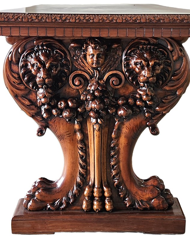 Library Table, Renaissance, Lions, Cherub, Carved Walnut, Century Furniture, 73" gallery