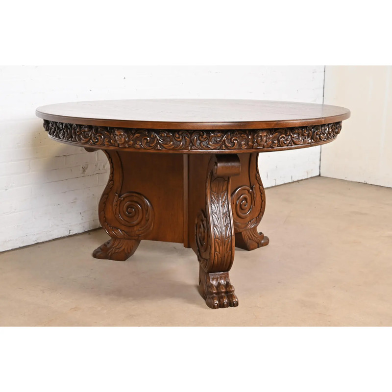 R. J. Horner Antique Victorian Carved Oak Pedestal Extension Dining Table gallery