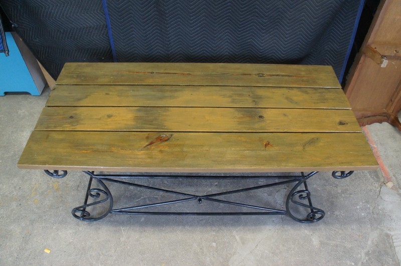 Vintage Neoclassical Directoire Scrolled Iron Outdoor Plank Top Dining Table 72" gallery