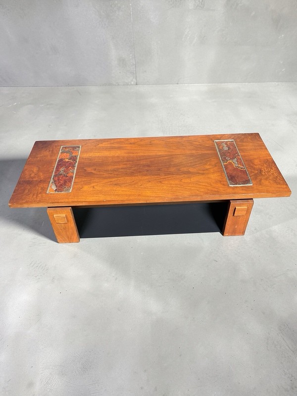 Mid-Century Signed Lane Walnut Coffee Table Brutalist Burlwood Inlay Rectangle