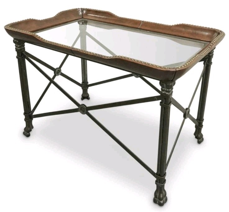 Vintage Matiland Smith Nail Head Leather And Glass Coffee Table