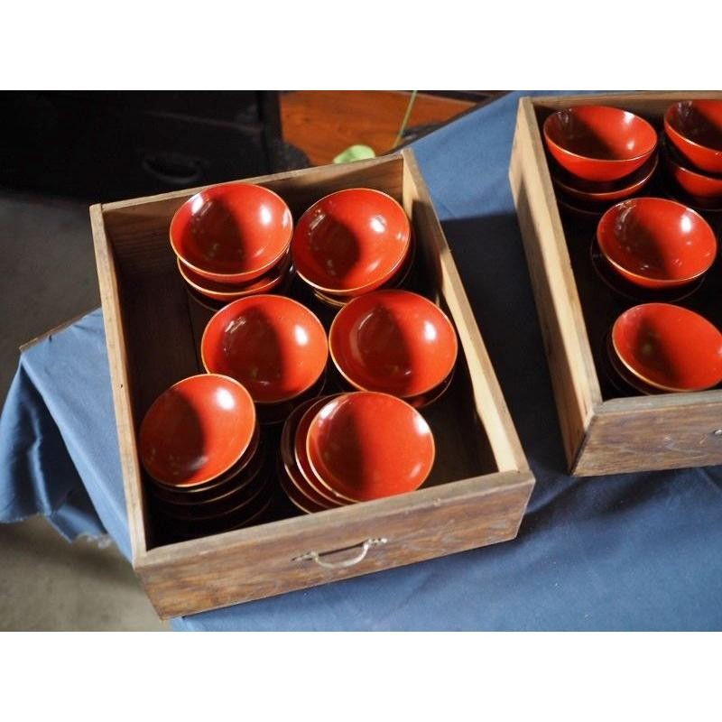 Japanese 10 Red Lacquer Bowls Fifty-three Stations 12cm (4.7in) Used