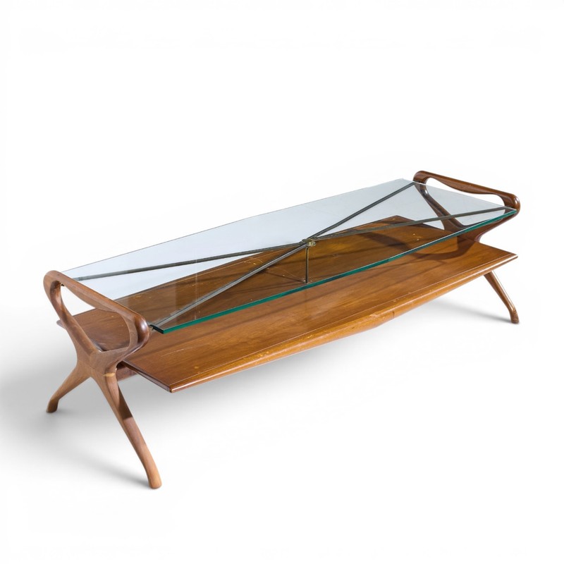 Cesare Lacca Style Mid Century Italian Walnut and Brass Coffee Table