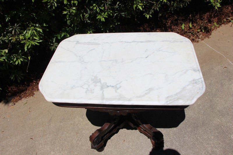 Large Fancy Walnut Victorian Marble Top Table with Ornate Stretcher Base Ca.1870 gallery